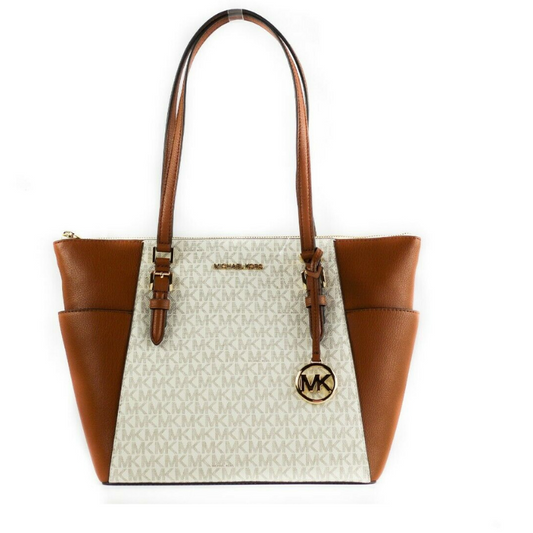 Charlotte Signature Leather Large Top Zip Tote Handbag Bag (Vanilla)