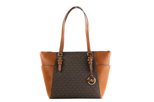 Charlotte Signature Leather Large Top Zip Tote Handbag Bag (Brown)