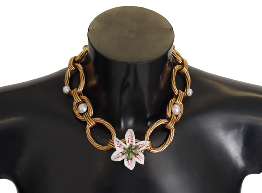 Gold White Lily Floral Chain Statement Necklace
