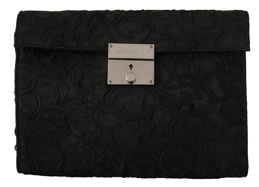 Black Jacquard Leather Document Briefcase Bag