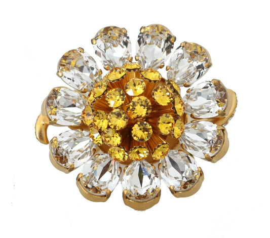 Gold Brass Yellow Crystal Flower Ring